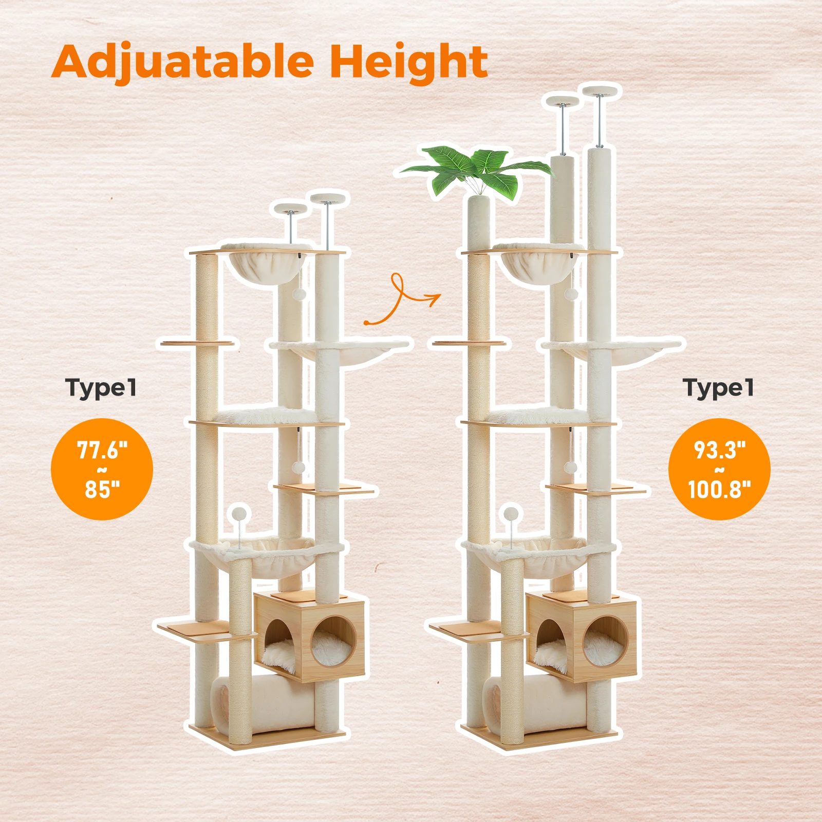 Height Adjustable Wooden Cat Tree with Large Hammock Sisal Scratching Posts Floor to Ceiling Cat Tower Cozy Cat Condo for Indoor - Image 5