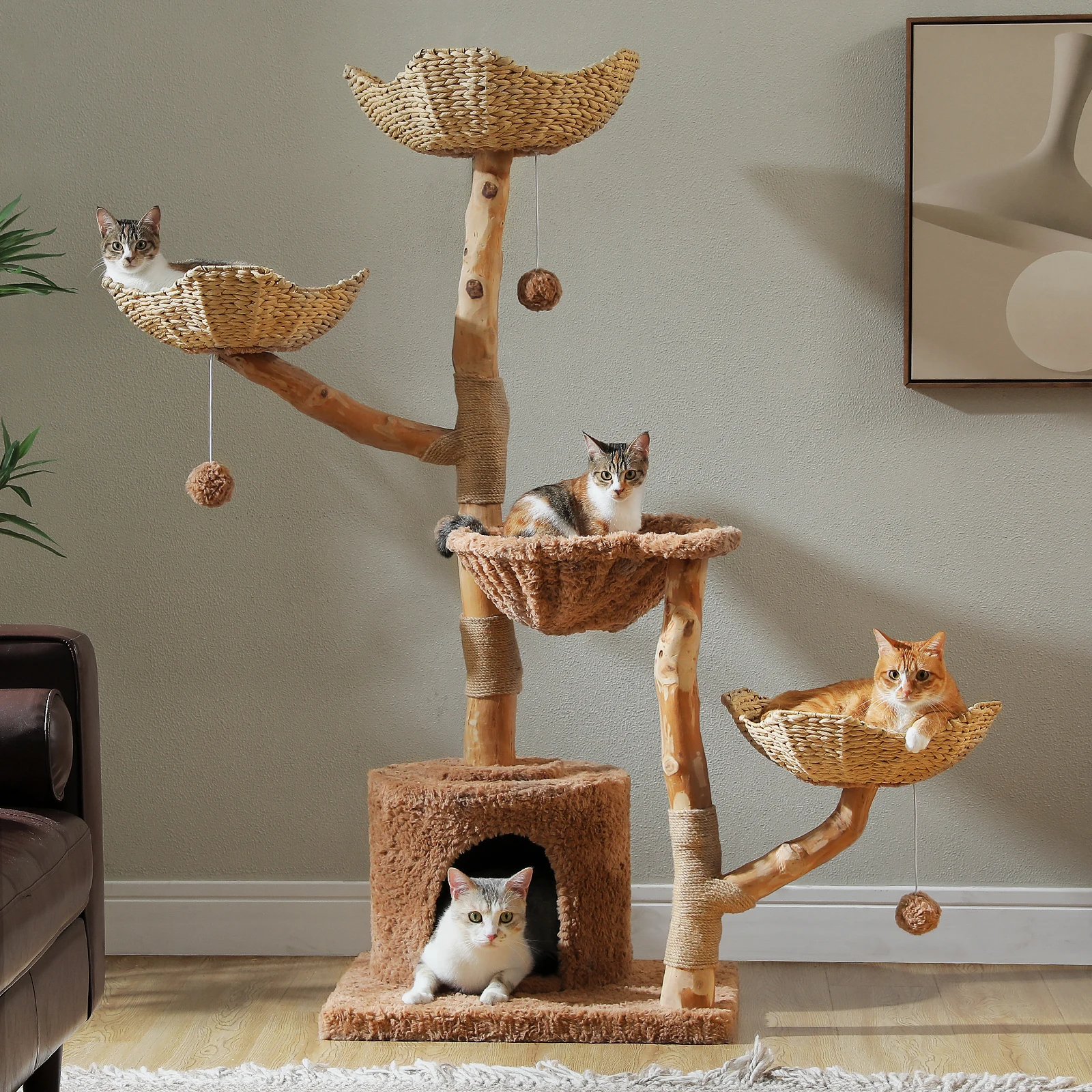 Large Cat Tree Tower with Sisal Scratching Post Wicker Basket Bed Flower Cat Condo Indoor Modern Cat Furniture Cat Accessories - Image 4