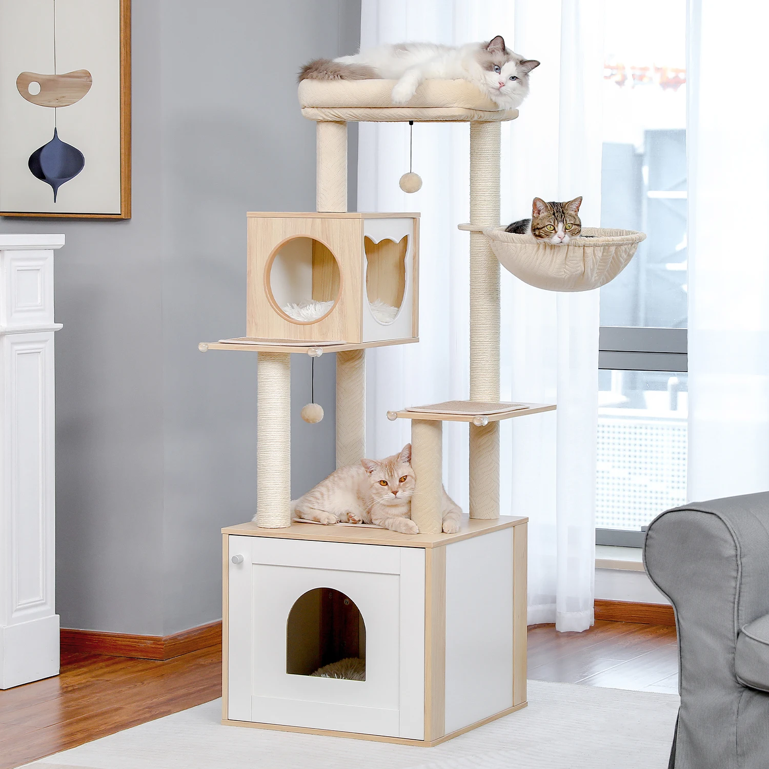 Multi-Level Cat Tree for Indoor Wood Cat Tower with Scratching Posts Spacious Condo Hammock Top Perch Cat Scratcher Cat Toys - Image 3