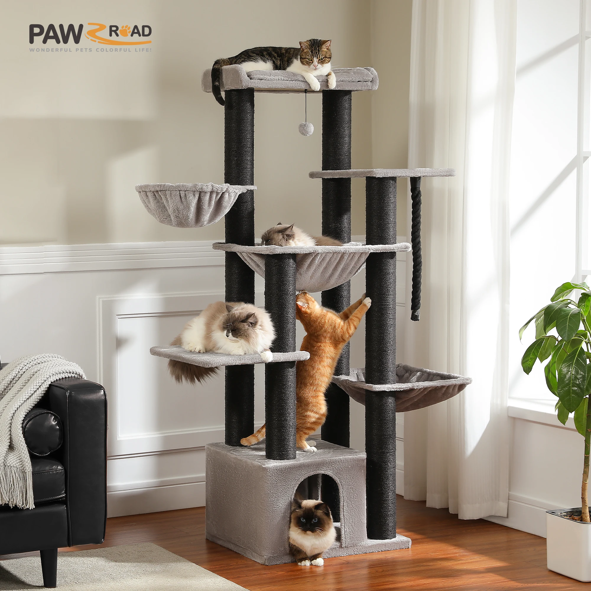 Large Cat Tree for Big Cats Robust Cat Tower with Several Levels Cat House Climbing Tree with Hammock 11 Sisal Posts Large Perch - Image 2