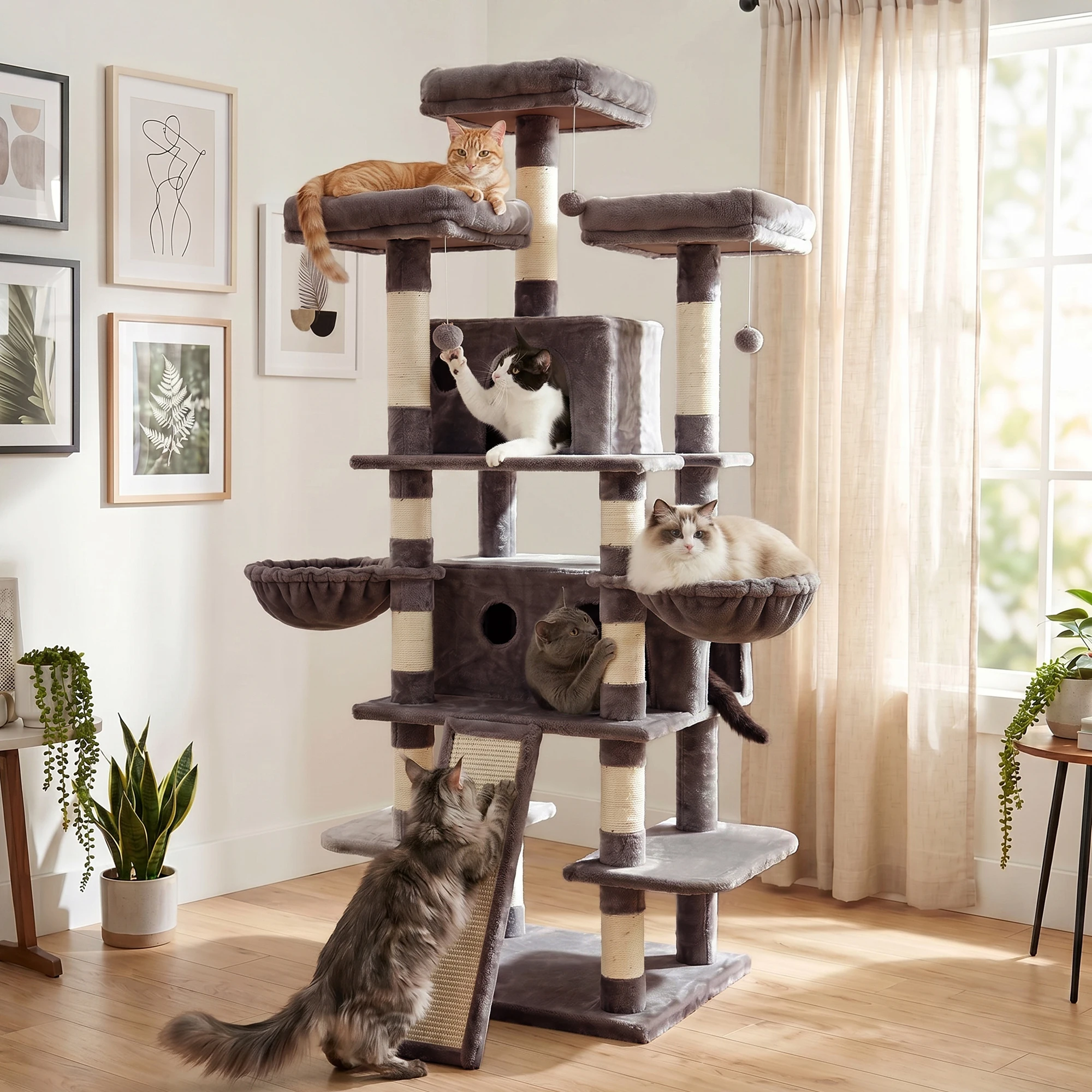 FOOWIN 173cm 68in Large Multi Level Cat Tree Tower Indoor Activity Center 2 Condos 3 Plush Perches Scratching Post Kitten Pet - Image 6
