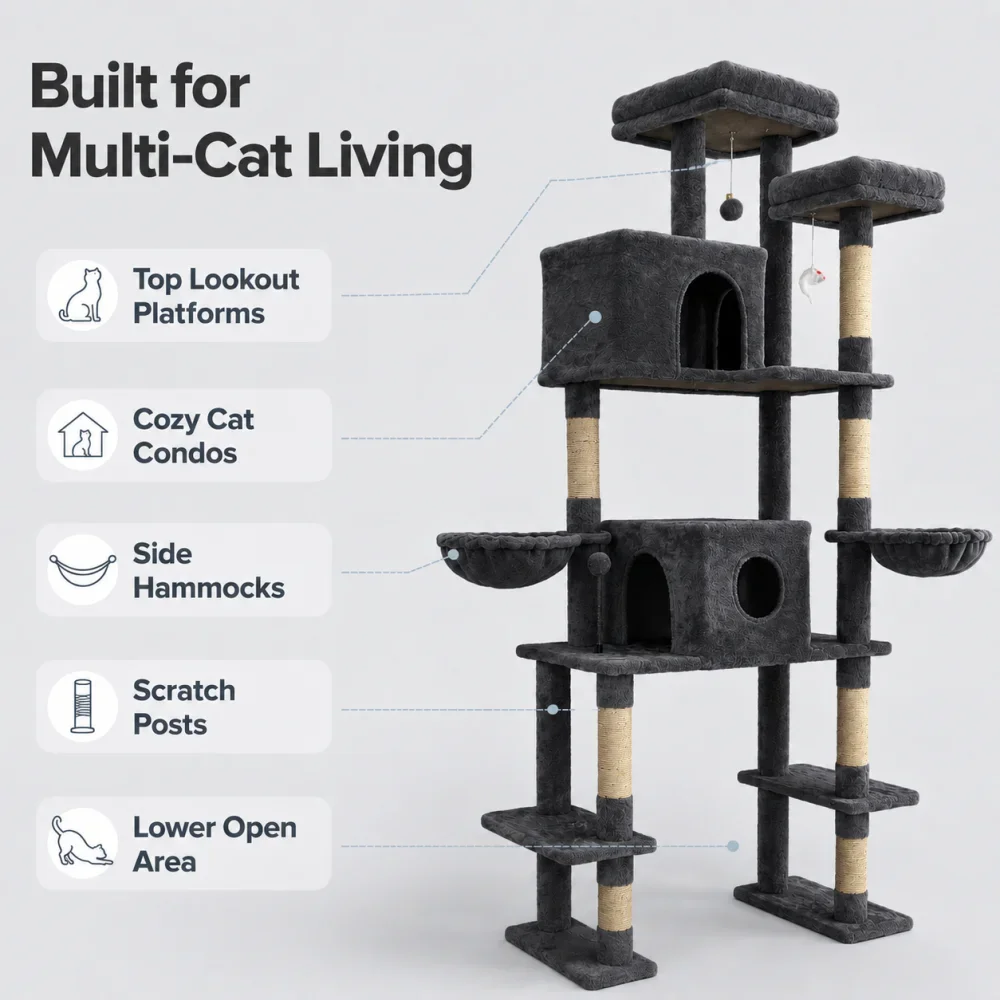 78.7in Tall Multi-Cat Cat Tree Tower with Double Condos, 2 Plush Hammock, Sisal Scratching Posts, 3 Interactive Toys, Wide Split Base for Litter Box, Indoor Cat Activity Furniture - Image 3