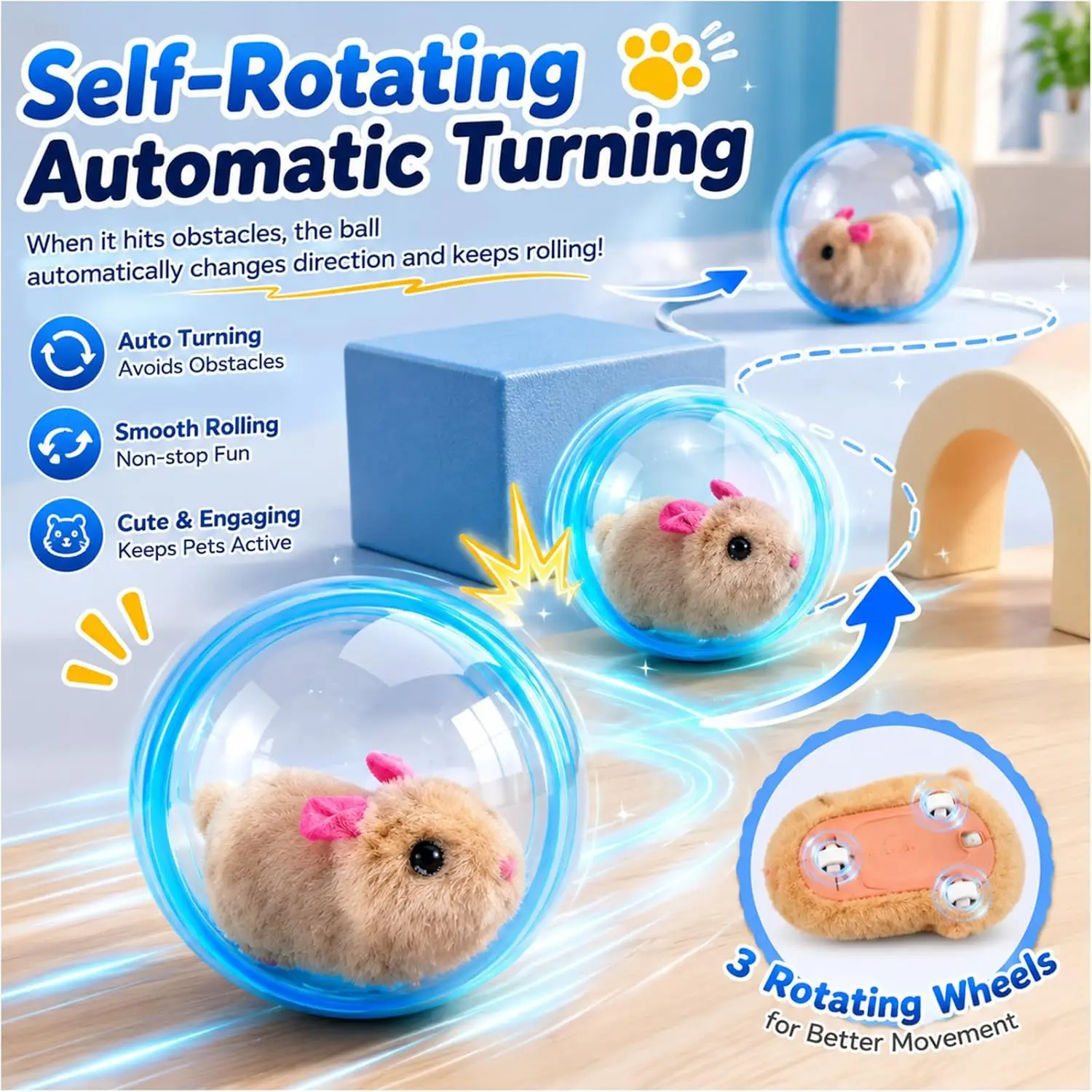 Self‑Rotating Obstacle Avoid Electric Cat Toy Ball, Battery Powered Transparent Interactive Plush Rabbit Rolling Pet Ball for Cats Small Dogs Indoor Exercise - Image 2