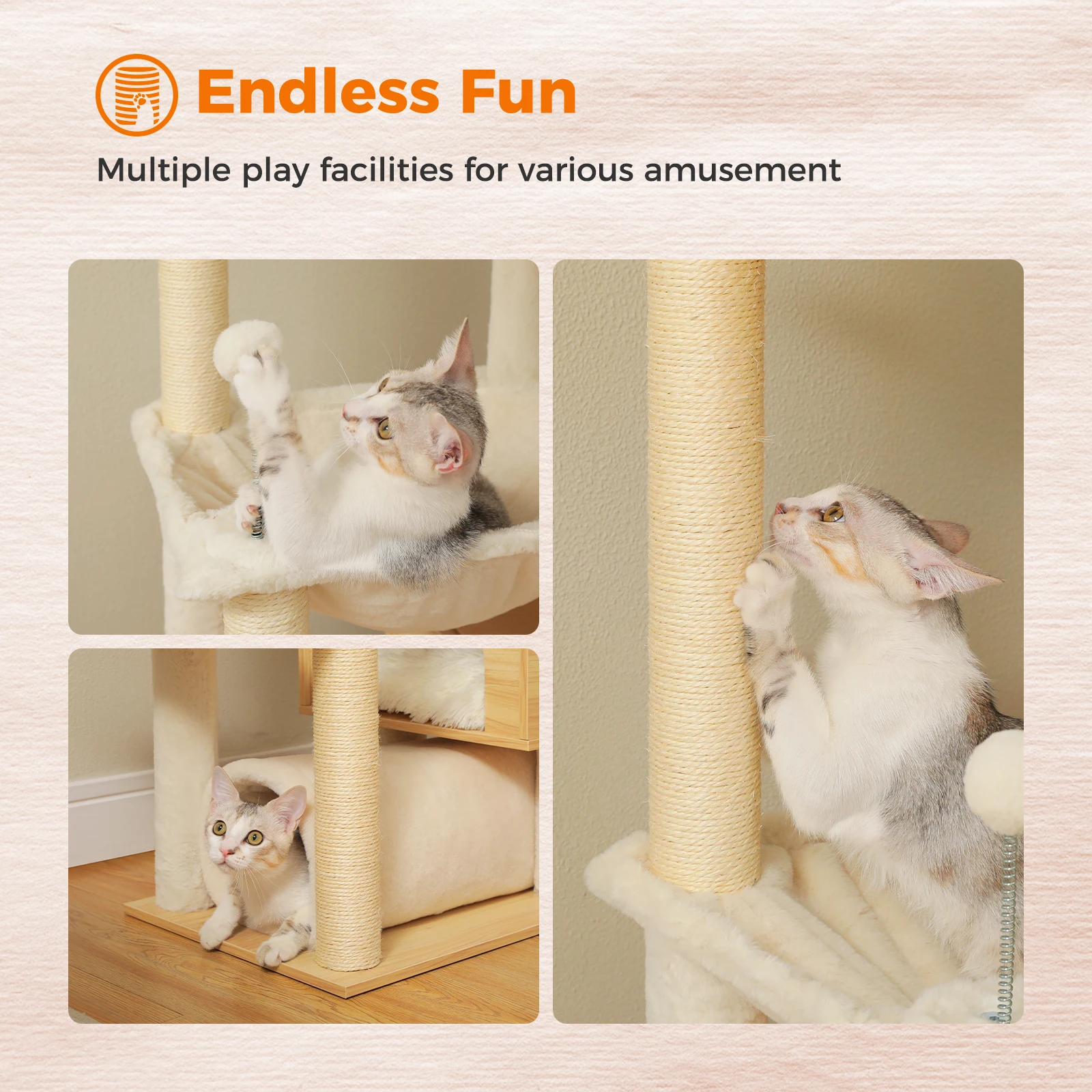 Height Adjustable Wooden Cat Tree with Large Hammock Sisal Scratching Posts Floor to Ceiling Cat Tower Cozy Cat Condo for Indoor - Image 2