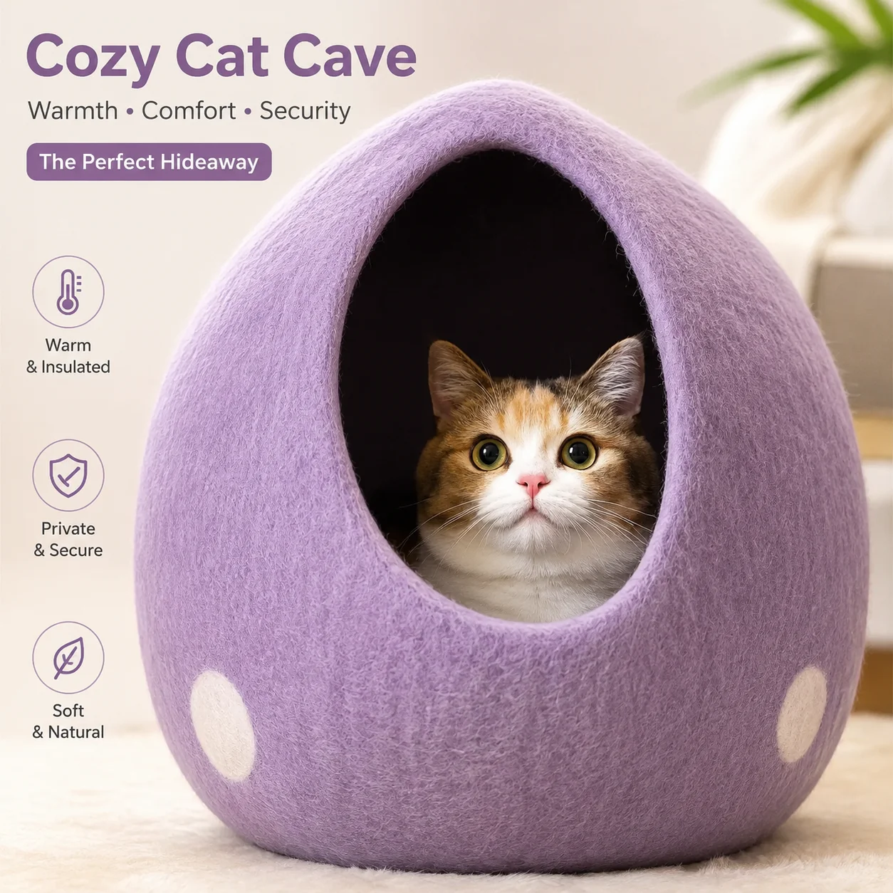Handmade New Zealand Wool Cat Nest – Four-Season Natural Felt Cave, Machine Washable & Universal Fit - Image 3