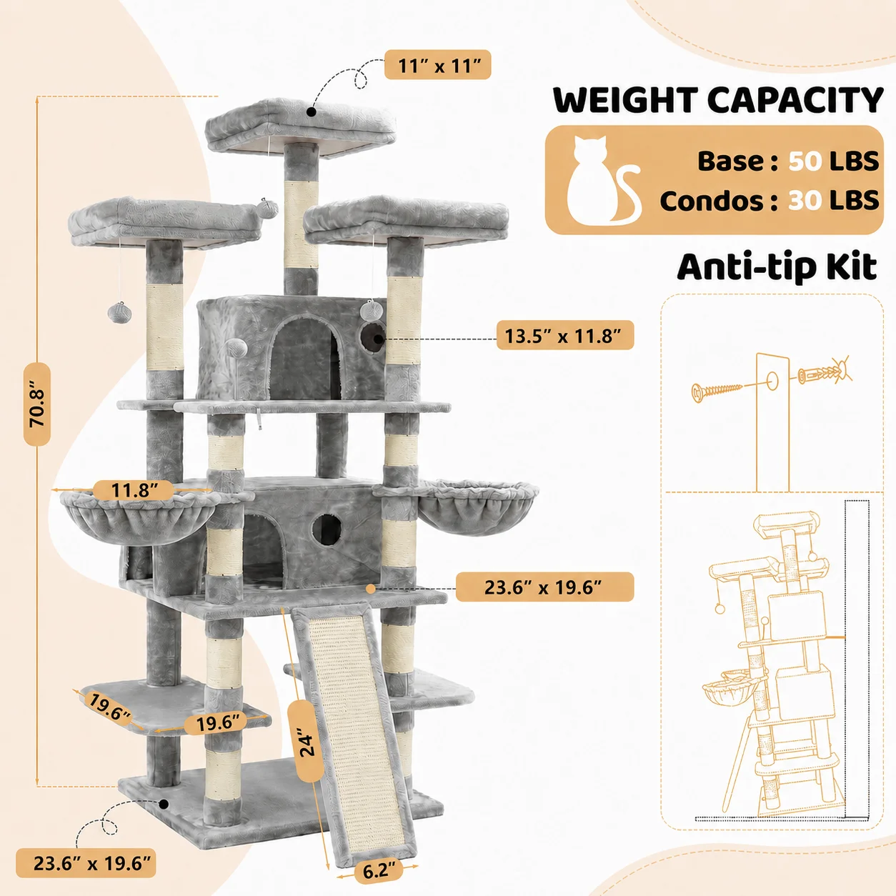 FOOWIN 173cm 68in Large Multi Level Cat Tree Tower Indoor Activity Center 2 Condos 3 Plush Perches Scratching Post Kitten Pet - Image 8