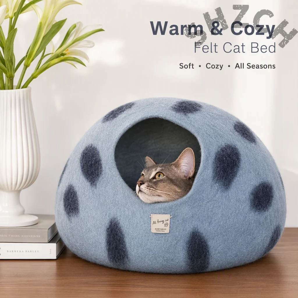 Handmade New Zealand Wool Cat Nest – Four-Season Natural Felt Cave, Machine Washable & Universal Fit