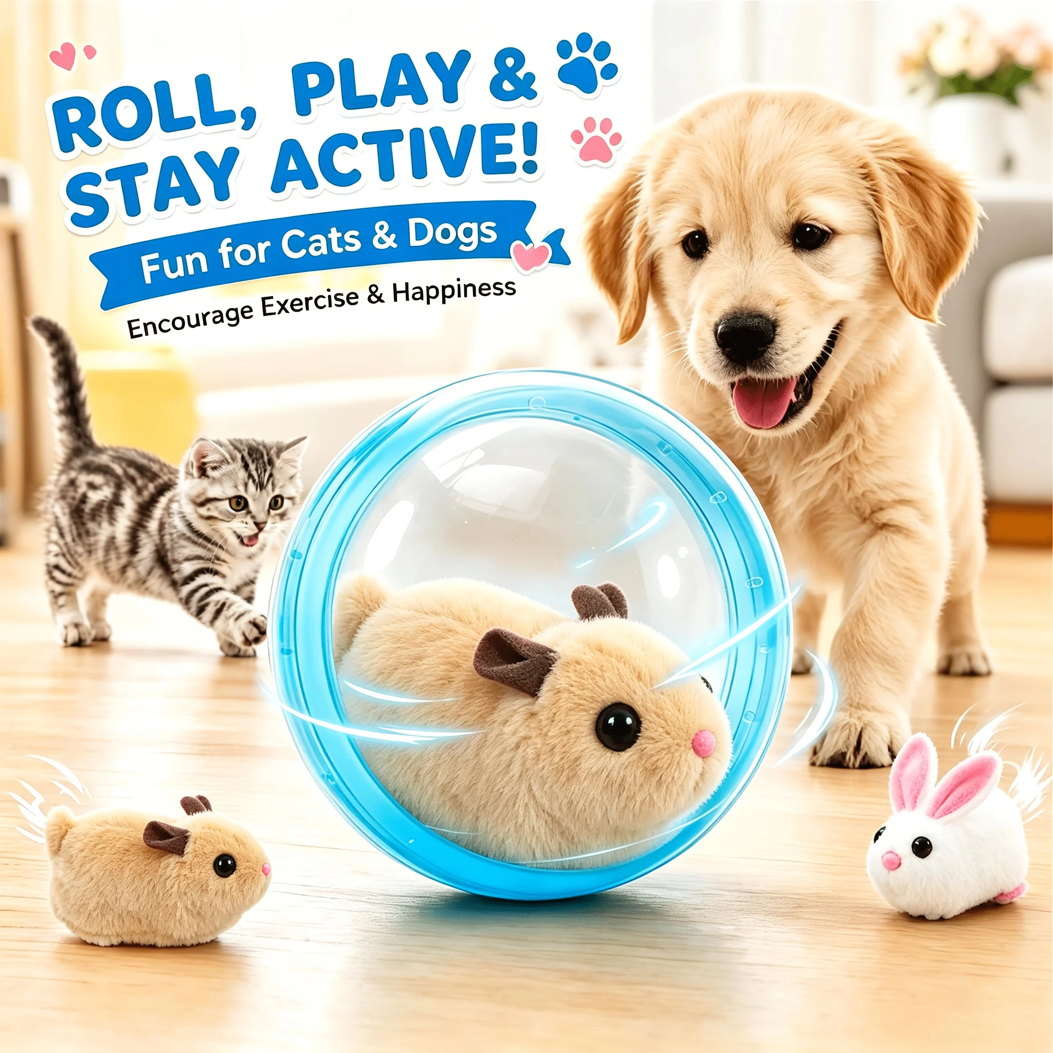 Self‑Rotating Obstacle Avoid Electric Cat Toy Ball, Battery Powered Transparent Interactive Plush Rabbit Rolling Pet Ball for Cats Small Dogs Indoor Exercise - Image 4
