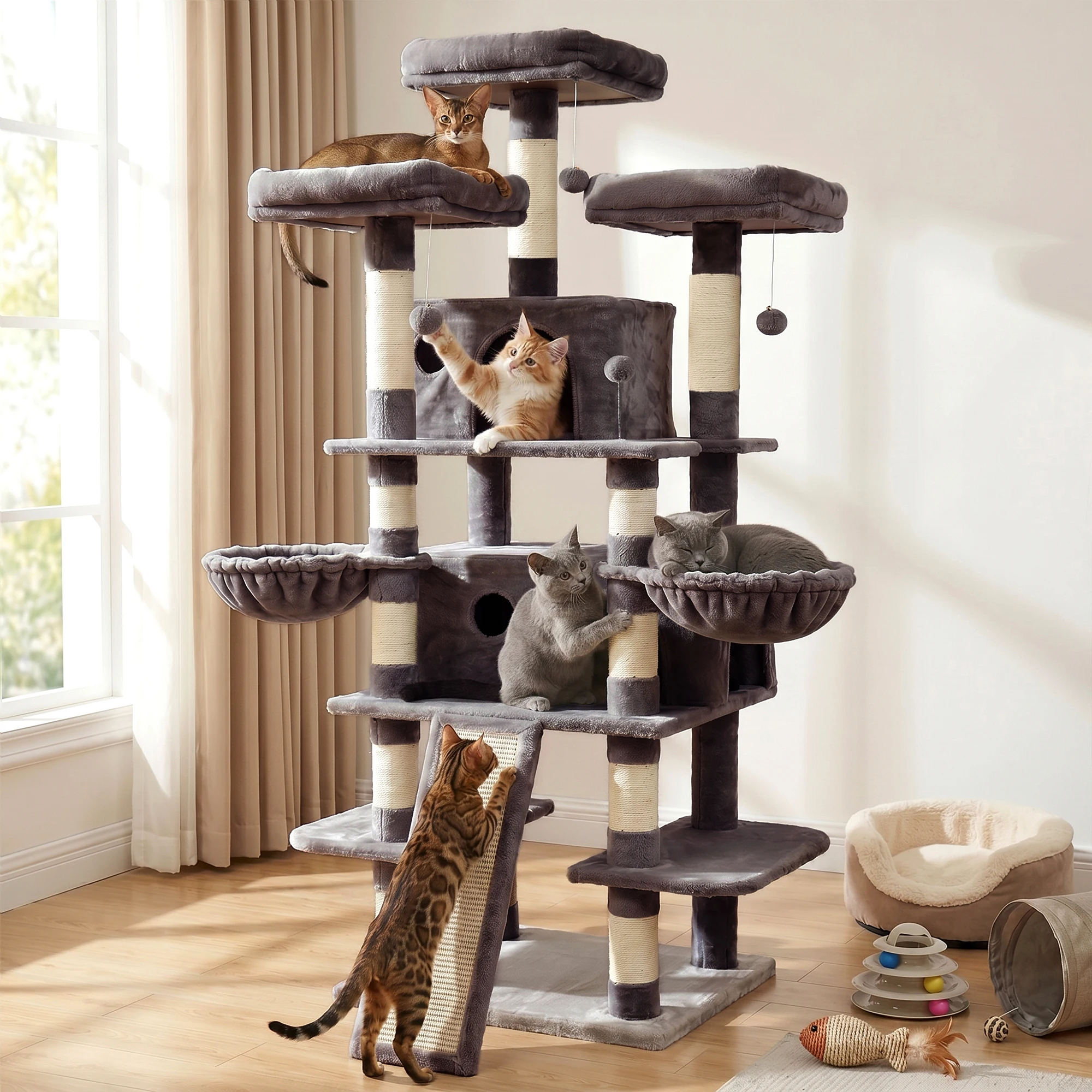 FOOWIN 173cm 68in Large Multi Level Cat Tree Tower Indoor Activity Center 2 Condos 3 Plush Perches Scratching Post Kitten Pet