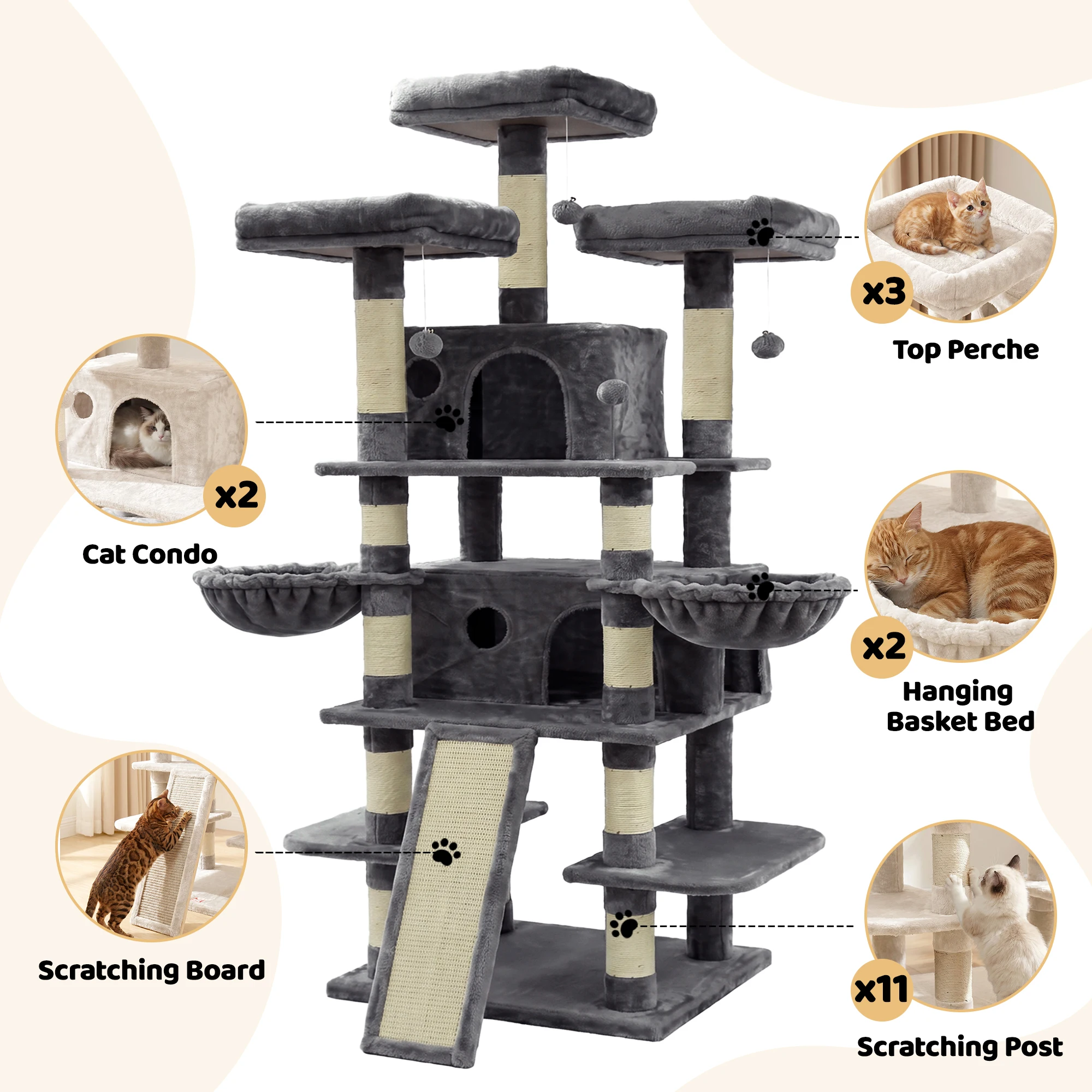 FOOWIN 173cm 68in Large Multi Level Cat Tree Tower Indoor Activity Center 2 Condos 3 Plush Perches Scratching Post Kitten Pet - Image 5