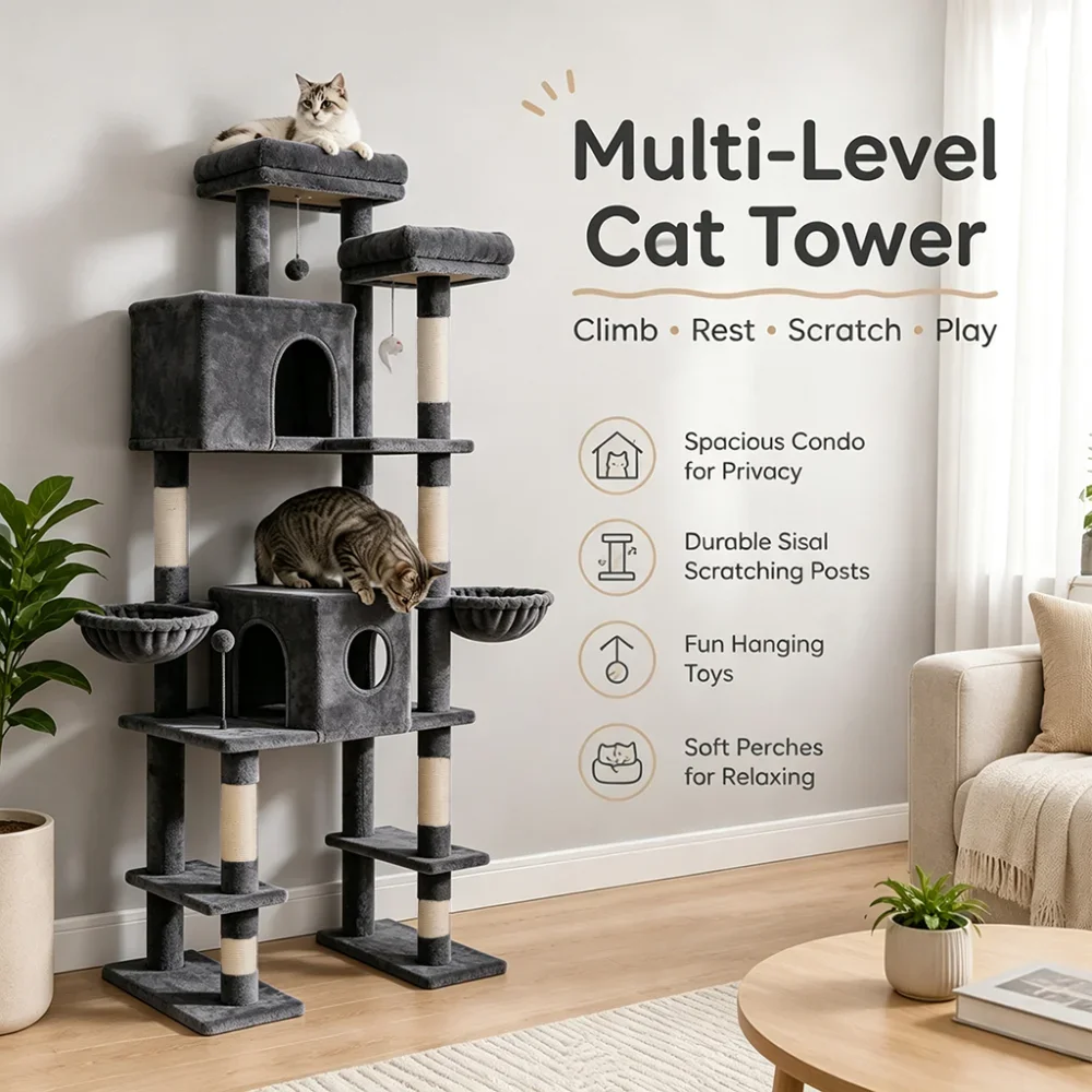 78.7in Tall Multi-Cat Cat Tree Tower with Double Condos, 2 Plush Hammock, Sisal Scratching Posts, 3 Interactive Toys, Wide Split Base for Litter Box, Indoor Cat Activity Furniture - Image 6