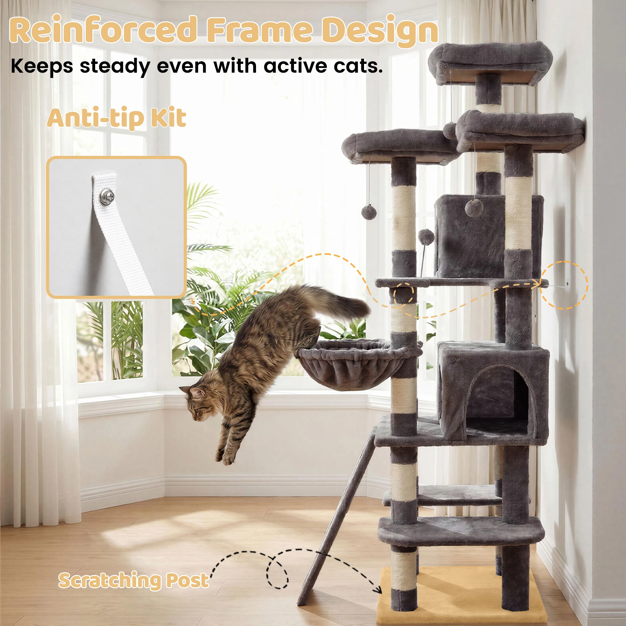 FOOWIN 173cm 68in Large Multi Level Cat Tree Tower Indoor Activity Center 2 Condos 3 Plush Perches Scratching Post Kitten Pet - Image 7