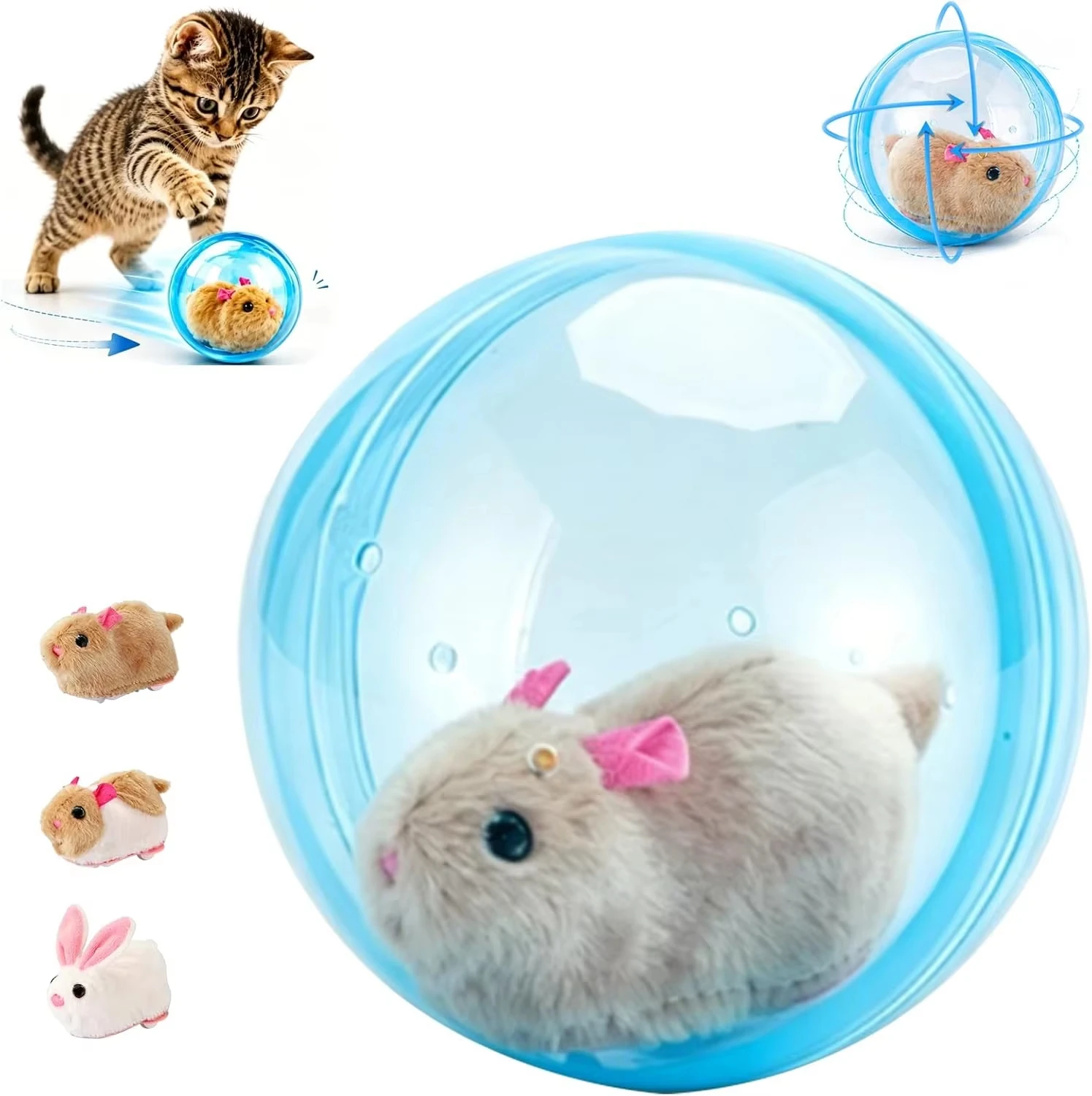 Self‑Rotating Obstacle Avoid Electric Cat Toy Ball, Battery Powered Transparent Interactive Plush Rabbit Rolling Pet Ball for Cats Small Dogs Indoor Exercise