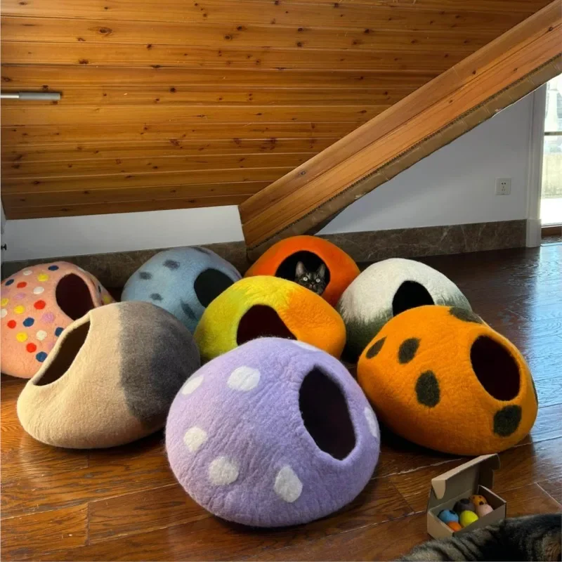Handmade New Zealand Wool Cat Nest – Four-Season Natural Felt Cave, Machine Washable & Universal Fit - Image 4