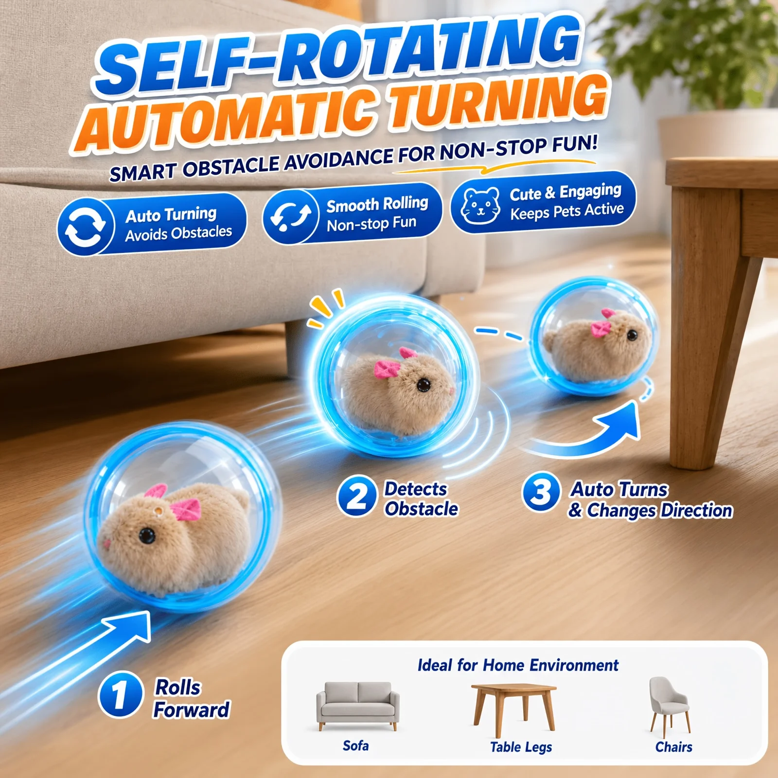 Self‑Rotating Obstacle Avoid Electric Cat Toy Ball, Battery Powered Transparent Interactive Plush Rabbit Rolling Pet Ball for Cats Small Dogs Indoor Exercise - Image 3