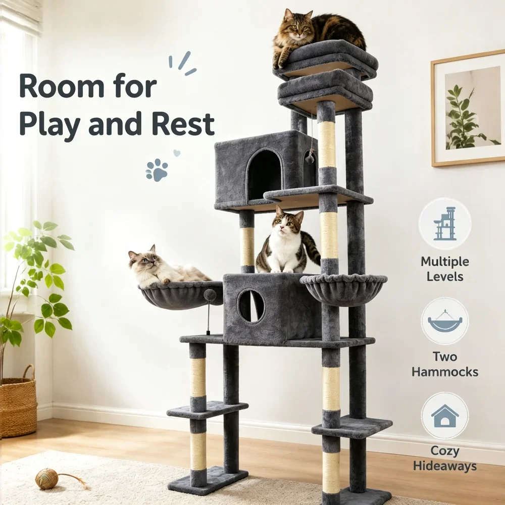 78.7in Tall Multi-Cat Cat Tree Tower with Double Condos, 2 Plush Hammock, Sisal Scratching Posts, 3 Interactive Toys, Wide Split Base for Litter Box, Indoor Cat Activity Furniture - Image 5