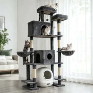 78.7in Tall Multi-Cat Cat Tree Tower with Double Condos, 2 Plush Hammock, Sisal Scratching Posts, 3 Interactive Toys, Wide Split Base for Litter Box, Indoor Cat Activity Furniture