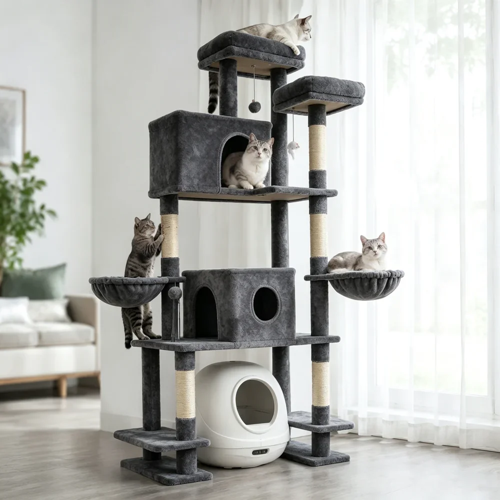 78.7in Tall Multi-Cat Cat Tree Tower with Double Condos, 2 Plush Hammock, Sisal Scratching Posts, 3 Interactive Toys, Wide Split Base for Litter Box, Indoor Cat Activity Furniture