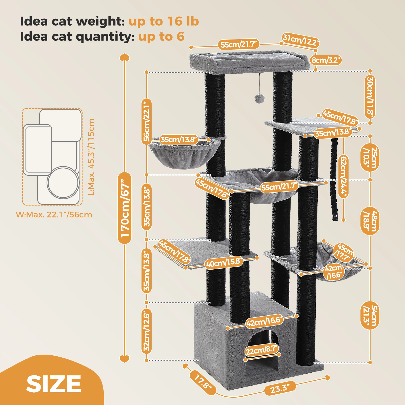Large Cat Tree for Big Cats Robust Cat Tower with Several Levels Cat House Climbing Tree with Hammock 11 Sisal Posts Large Perch - Image 3