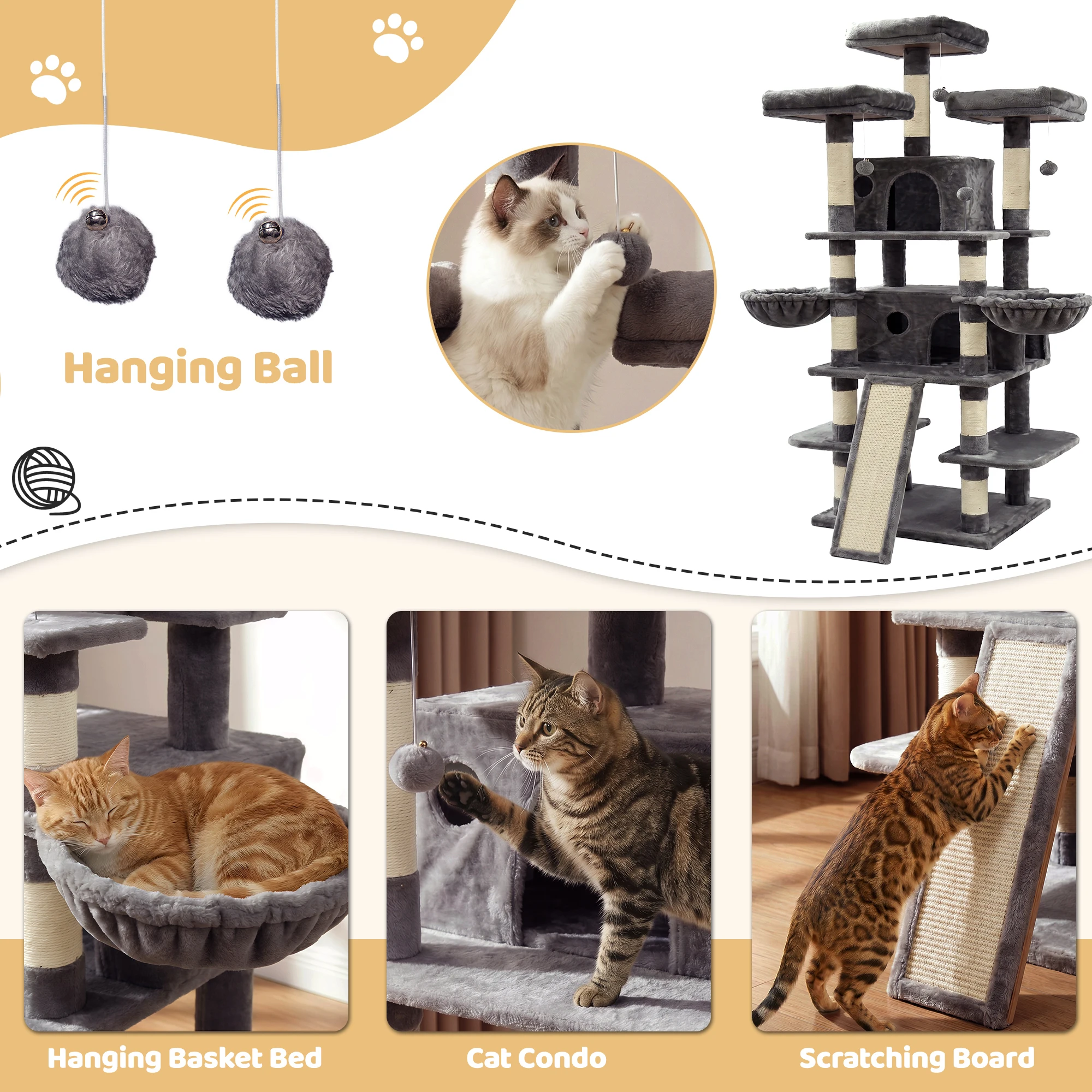 FOOWIN 173cm 68in Large Multi Level Cat Tree Tower Indoor Activity Center 2 Condos 3 Plush Perches Scratching Post Kitten Pet - Image 3