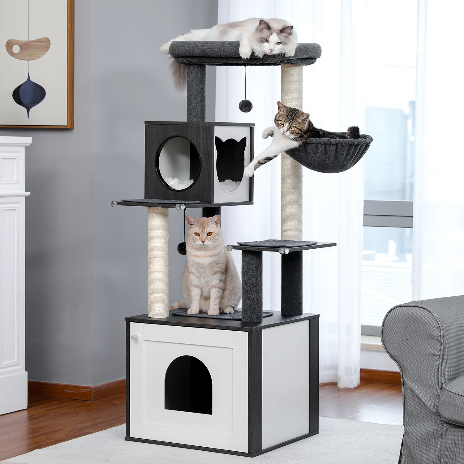 Multi-Level Cat Tree for Indoor Wood Cat Tower with Scratching Posts Spacious Condo Hammock Top Perch Cat Scratcher Cat Toys - Image 2