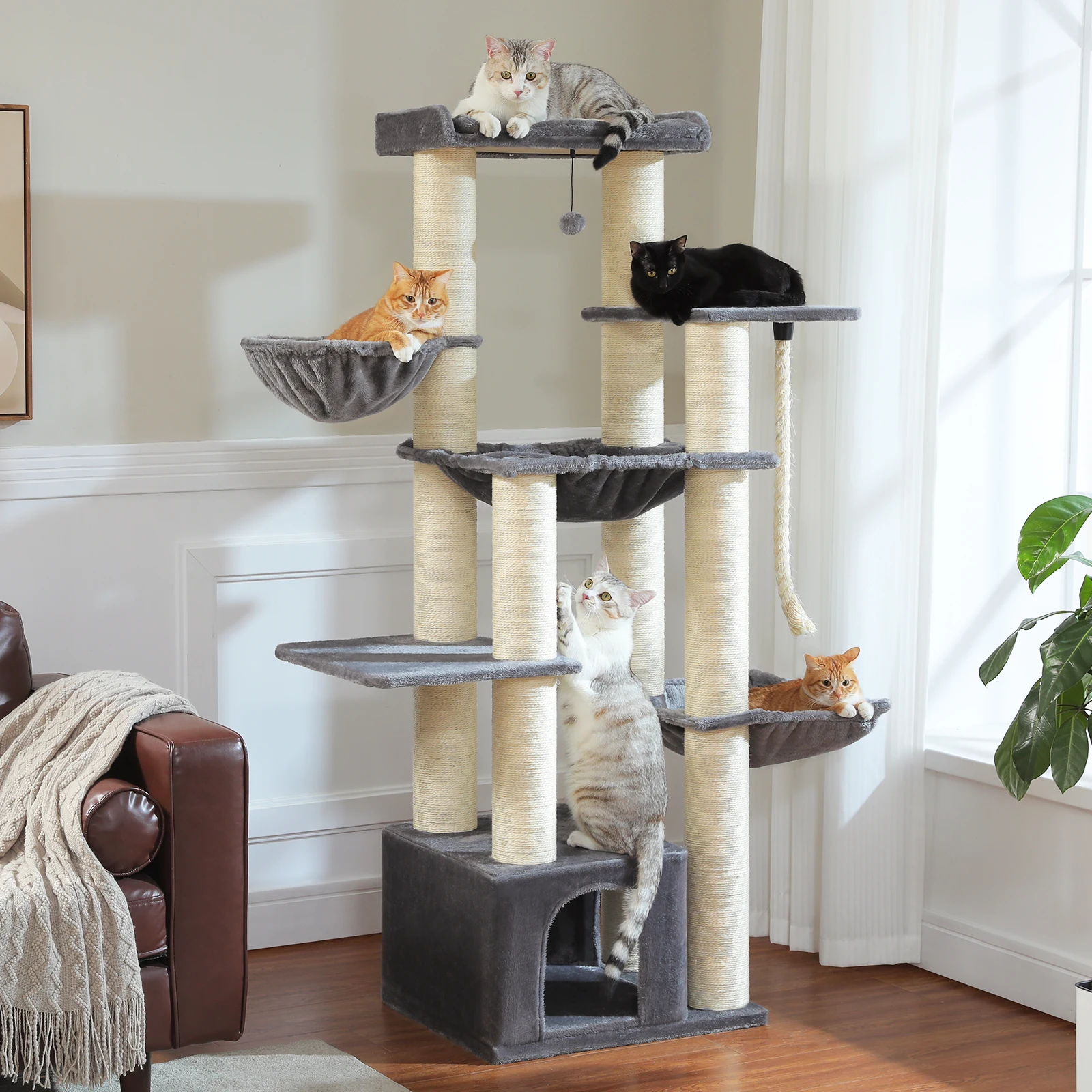 Large Cat Tree for Big Cats Robust Cat Tower with Several Levels Cat House Climbing Tree with Hammock 11 Sisal Posts Large Perch
