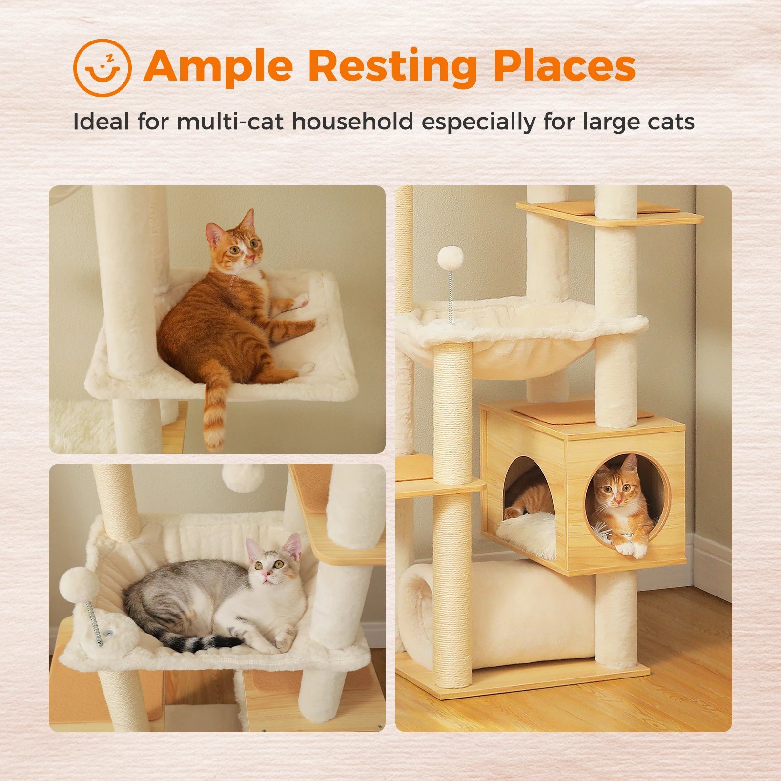 Height Adjustable Wooden Cat Tree with Large Hammock Sisal Scratching Posts Floor to Ceiling Cat Tower Cozy Cat Condo for Indoor - Image 3