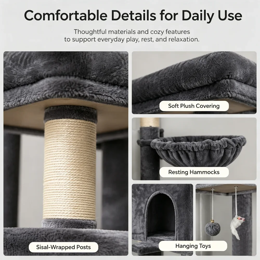 78.7in Tall Multi-Cat Cat Tree Tower with Double Condos, 2 Plush Hammock, Sisal Scratching Posts, 3 Interactive Toys, Wide Split Base for Litter Box, Indoor Cat Activity Furniture - Image 2