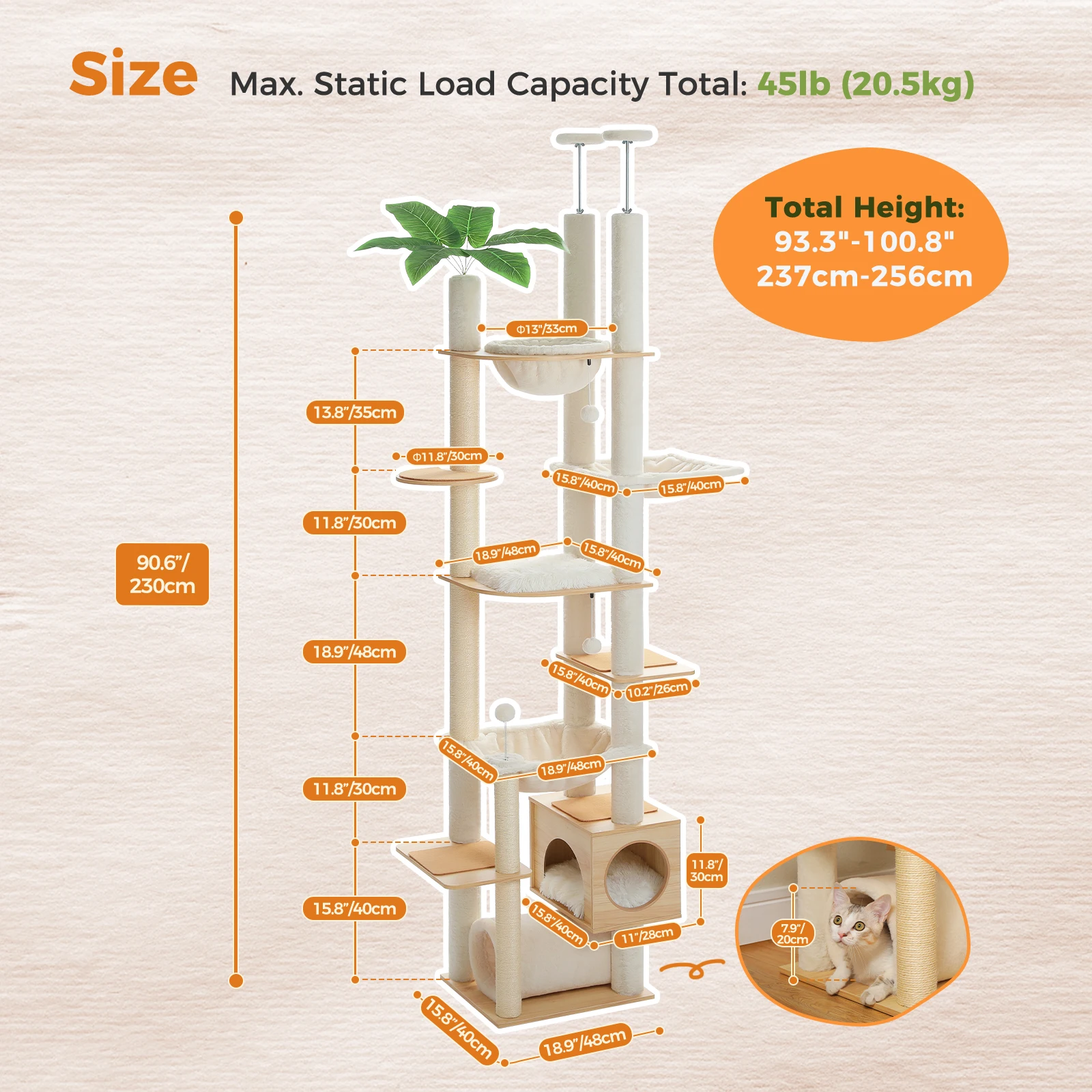 Height Adjustable Wooden Cat Tree with Large Hammock Sisal Scratching Posts Floor to Ceiling Cat Tower Cozy Cat Condo for Indoor - Image 6