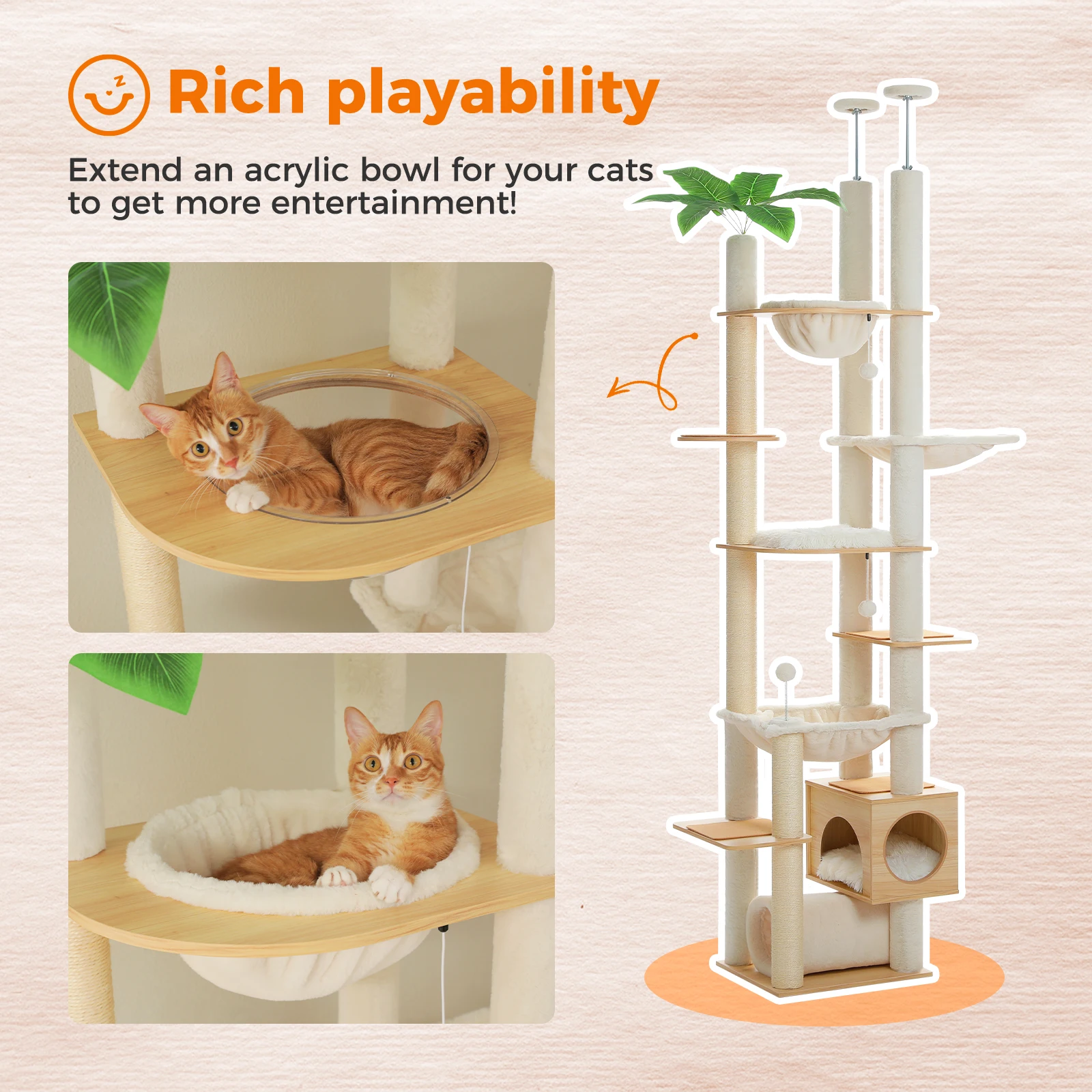 Height Adjustable Wooden Cat Tree with Large Hammock Sisal Scratching Posts Floor to Ceiling Cat Tower Cozy Cat Condo for Indoor - Image 4